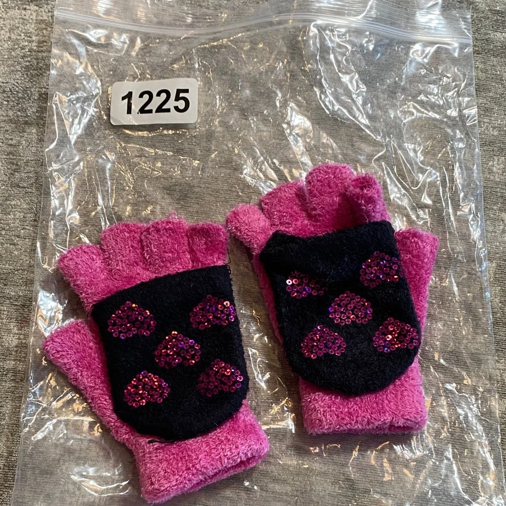 Pink & Black fuzzy Kids' Sequin fingerless mittens {1225}